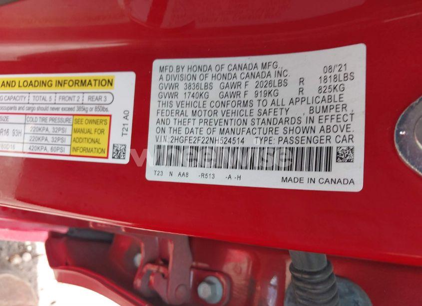 Photo 9 of 2022 Honda Civic LX (VIN 2HGFE2F22NH524514)