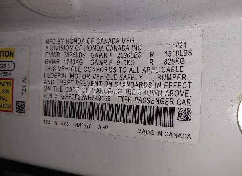 Photo 9 of 2022 Honda Civic LX (VIN 2HGFE2F22NH549199)