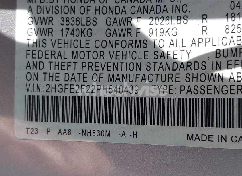 Photo 9 of 2023 Honda Civic LX (VIN 2HGFE2F22PH540439)