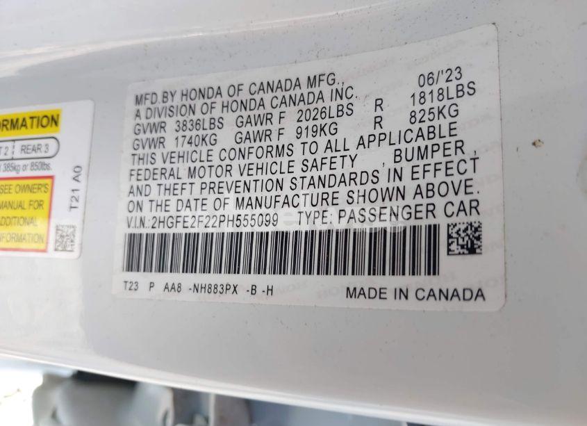 Photo 9 of 2023 Honda Civic LX (VIN 2HGFE2F22PH555099)