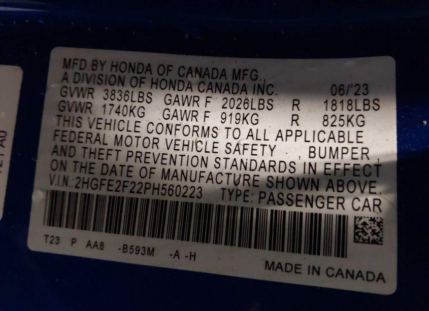 Photo 9 of 2023 Honda Civic LX (VIN 2HGFE2F22PH560223)