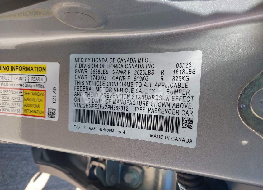 Photo 9 of 2023 Honda Civic LX (VIN 2HGFE2F22PH569312)