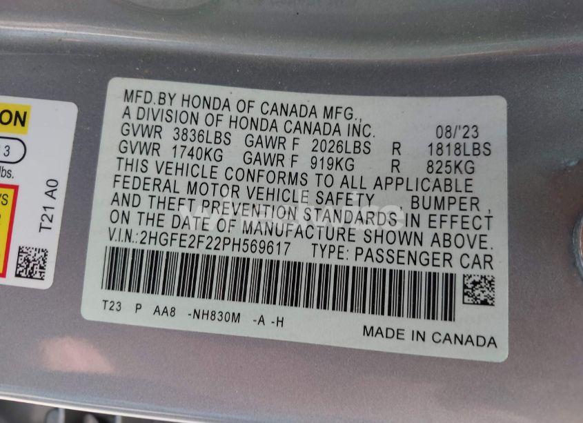 Photo 9 of 2023 Honda Civic LX (VIN 2HGFE2F22PH569617)