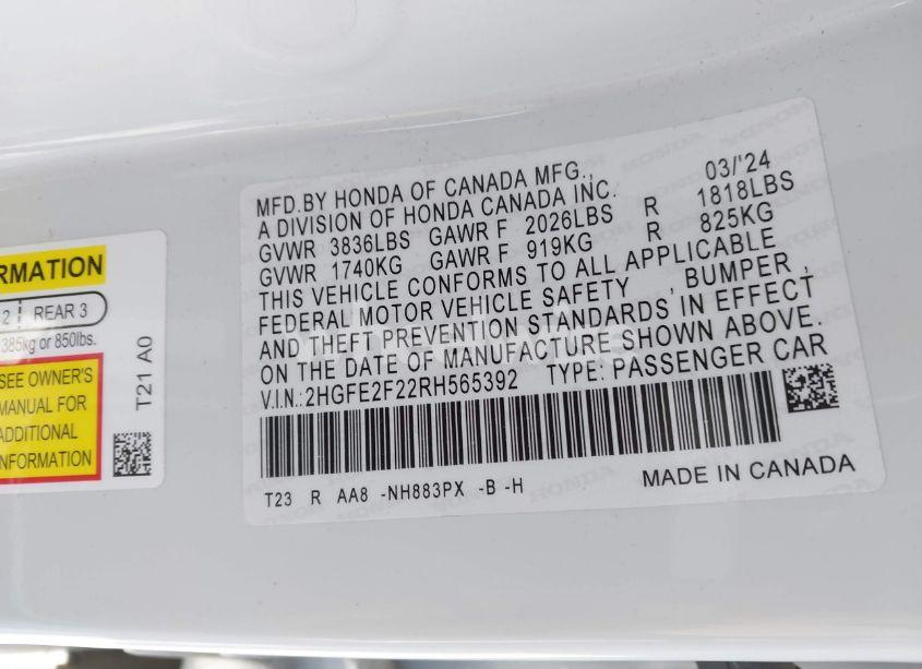 Photo 9 of 2024 Honda Civic LX (VIN 2HGFE2F22RH565392)