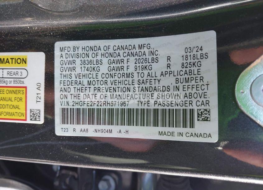 Photo 9 of 2024 Honda Civic LX (VIN 2HGFE2F22RH571967)