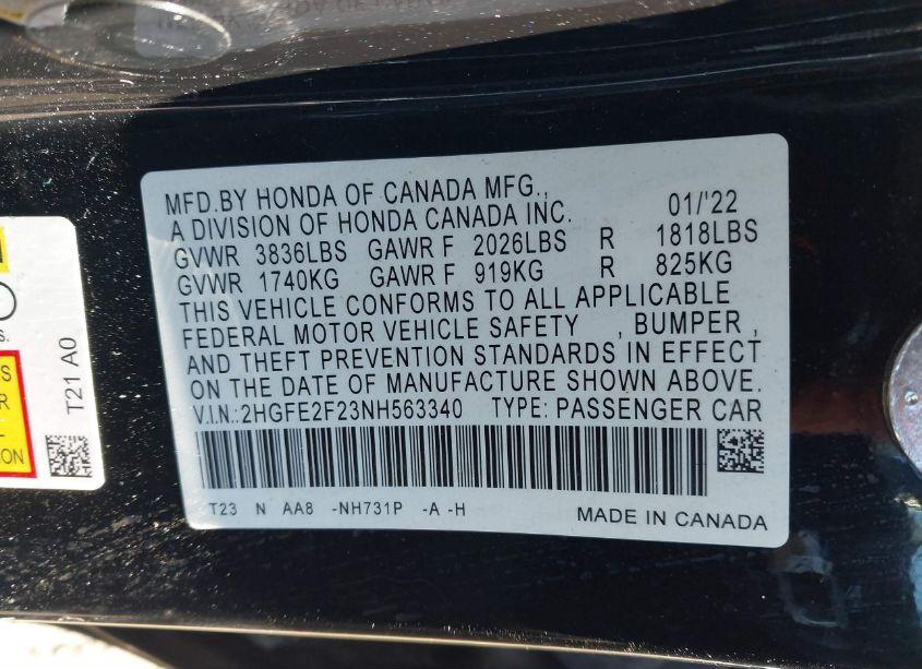 Photo 9 of 2022 Honda Civic LX (VIN 2HGFE2F23NH563340)