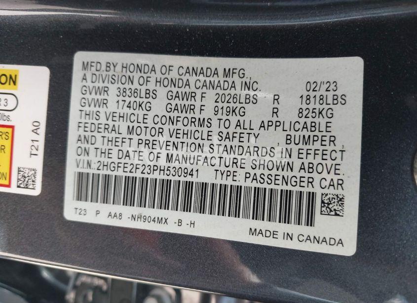 Photo 9 of 2023 Honda Civic LX (VIN 2HGFE2F23PH530941)