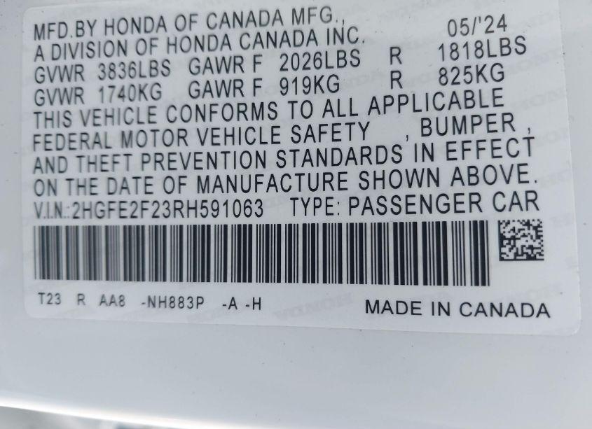 Photo 9 of 2024 Honda Civic LX (VIN 2HGFE2F23RH591063)