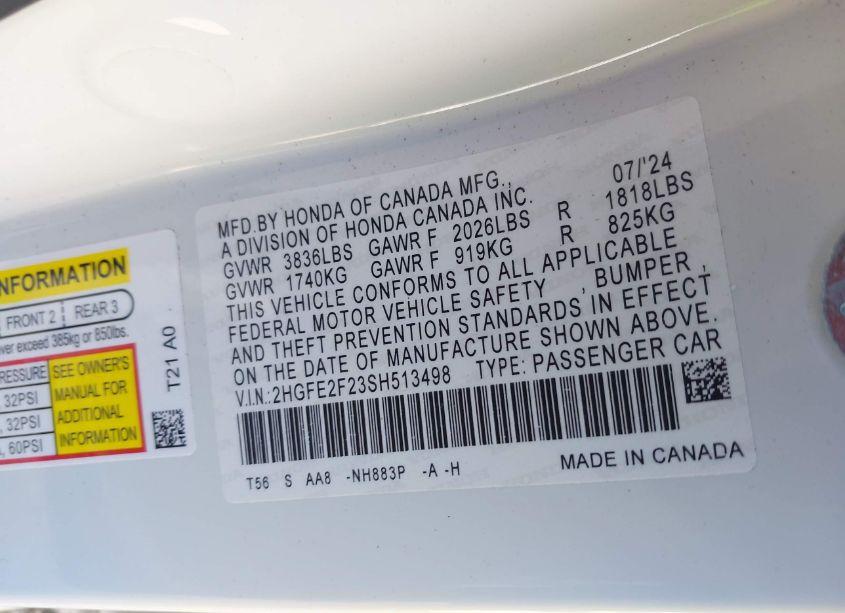 Photo 9 of 2025 Honda Civic LX (VIN 2HGFE2F23SH513498)