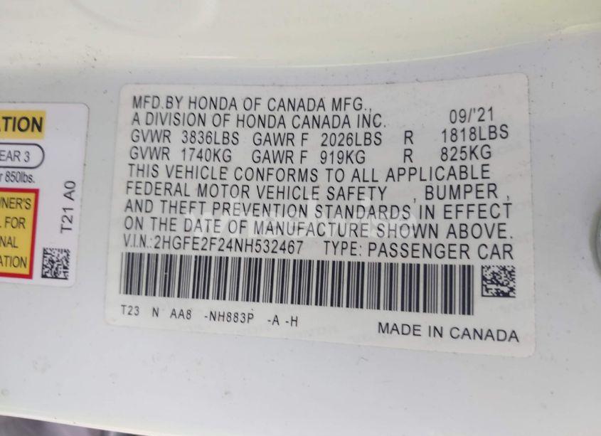 Photo 9 of 2022 Honda Civic LX (VIN 2HGFE2F24NH532467)