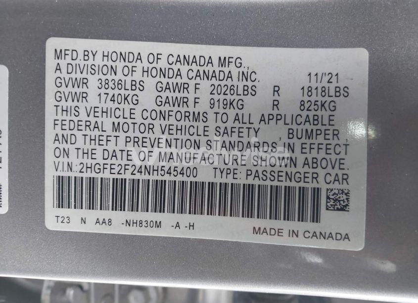 Photo 9 of 2022 Honda Civic LX (VIN 2HGFE2F24NH545400)