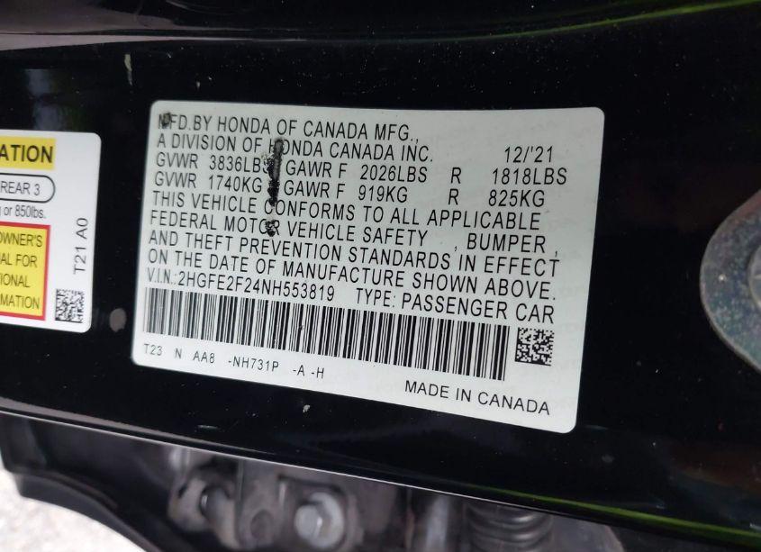 Photo 9 of 2022 Honda Civic LX (VIN 2HGFE2F24NH553819)