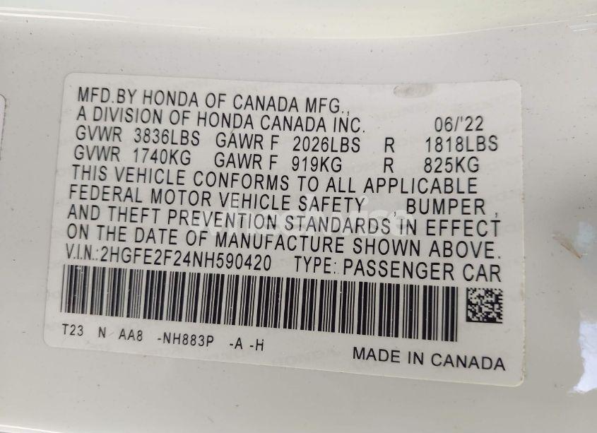 Photo 9 of 2022 Honda Civic LX (VIN 2HGFE2F24NH590420)