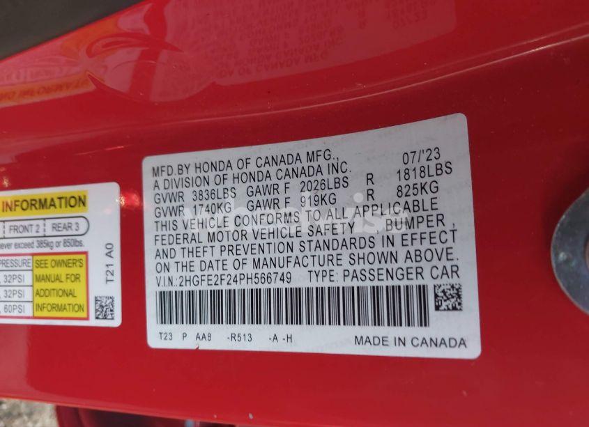 Photo 9 of 2023 Honda Civic LX (VIN 2HGFE2F24PH566749)