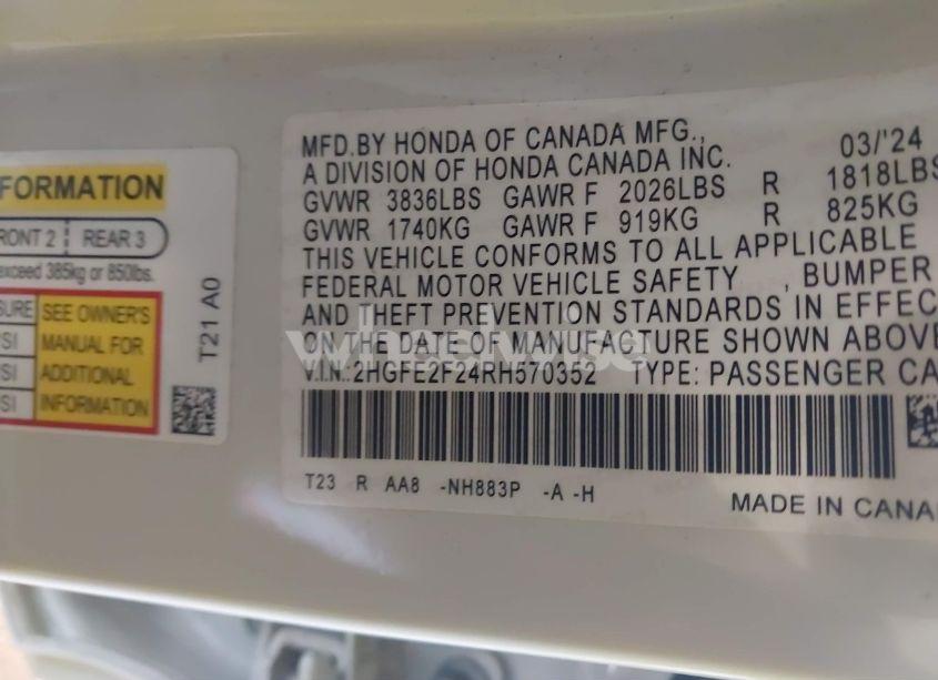 Photo 9 of 2024 Honda Civic LX (VIN 2HGFE2F24RH570352)