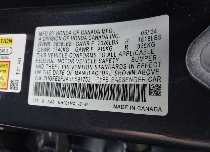 Photo 9 of 2024 Honda Civic LX (VIN 2HGFE2F24RH591752)