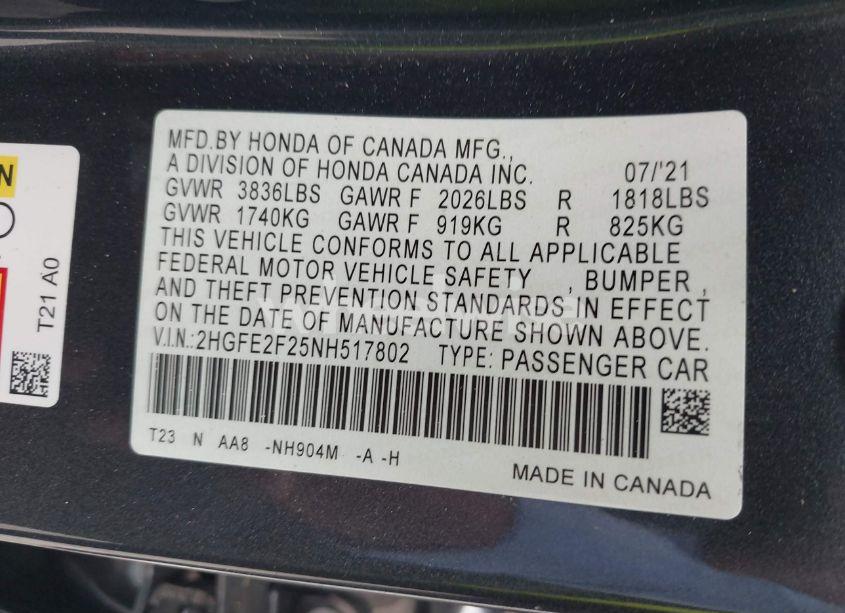 Photo 9 of 2022 Honda Civic LX (VIN 2HGFE2F25NH517802)