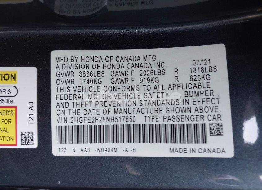 Photo 9 of 2022 Honda Civic LX (VIN 2HGFE2F25NH517850)