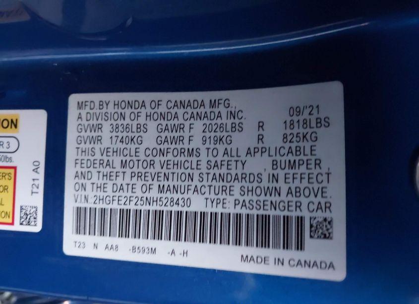 Photo 9 of 2022 Honda Civic LX (VIN 2HGFE2F25NH528430)