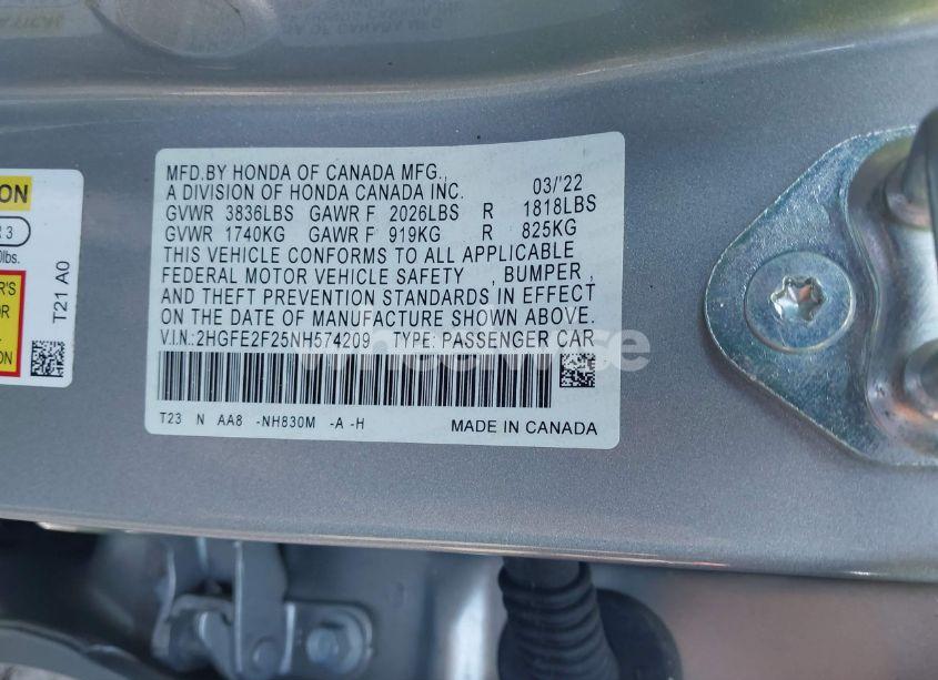 Photo 9 of 2022 Honda Civic LX (VIN 2HGFE2F25NH574209)