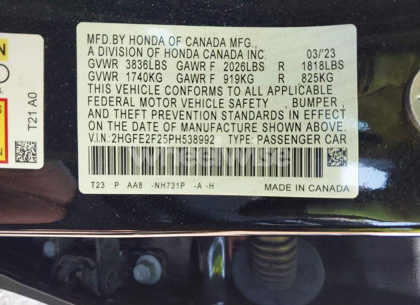 Photo 9 of 2023 Honda Civic LX (VIN 2HGFE2F25PH538992)