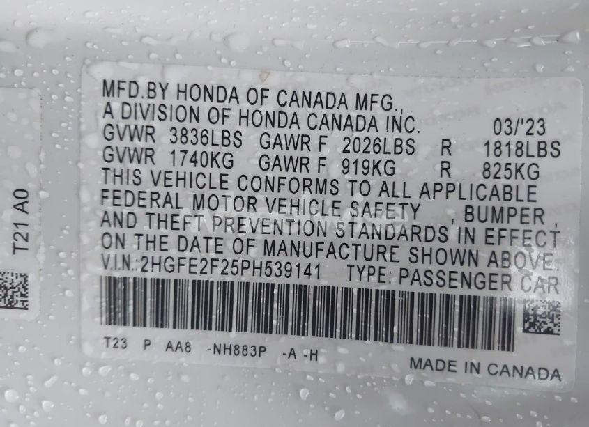 Photo 9 of 2023 Honda Civic LX (VIN 2HGFE2F25PH539141)
