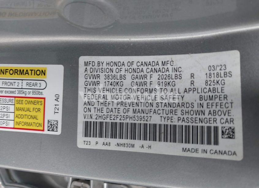 Photo 9 of 2023 Honda Civic LX (VIN 2HGFE2F25PH539527)