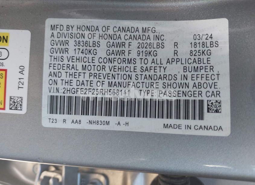 Photo 9 of 2024 Honda Civic LX (VIN 2HGFE2F25RH568111)
