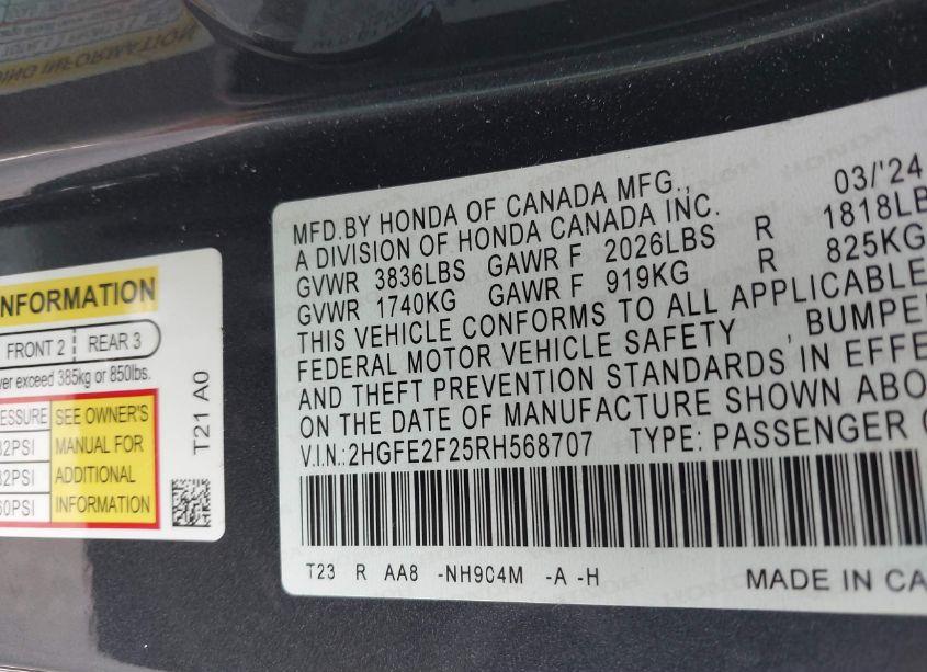 Photo 9 of 2024 Honda Civic LX (VIN 2HGFE2F25RH568707)