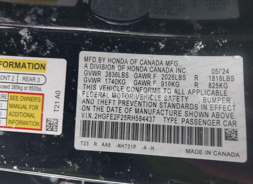 Photo 9 of 2024 Honda Civic LX (VIN 2HGFE2F25RH584437)