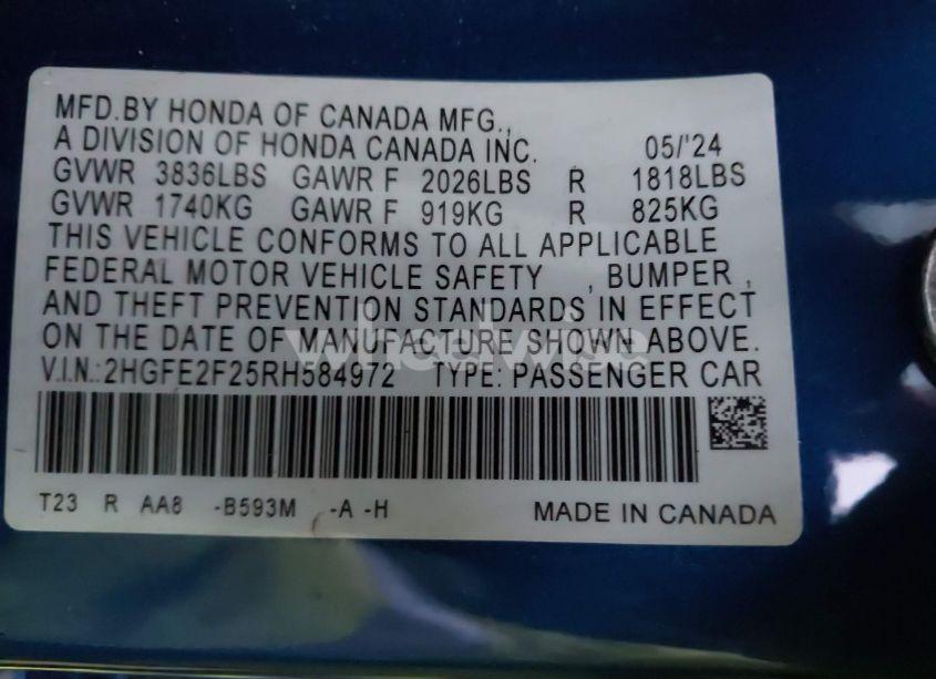 Photo 9 of 2024 Honda Civic LX (VIN 2HGFE2F25RH584972)