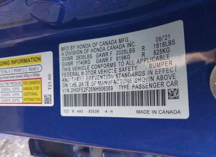 Photo 9 of 2022 Honda Civic LX (VIN 2HGFE2F26NH506369)