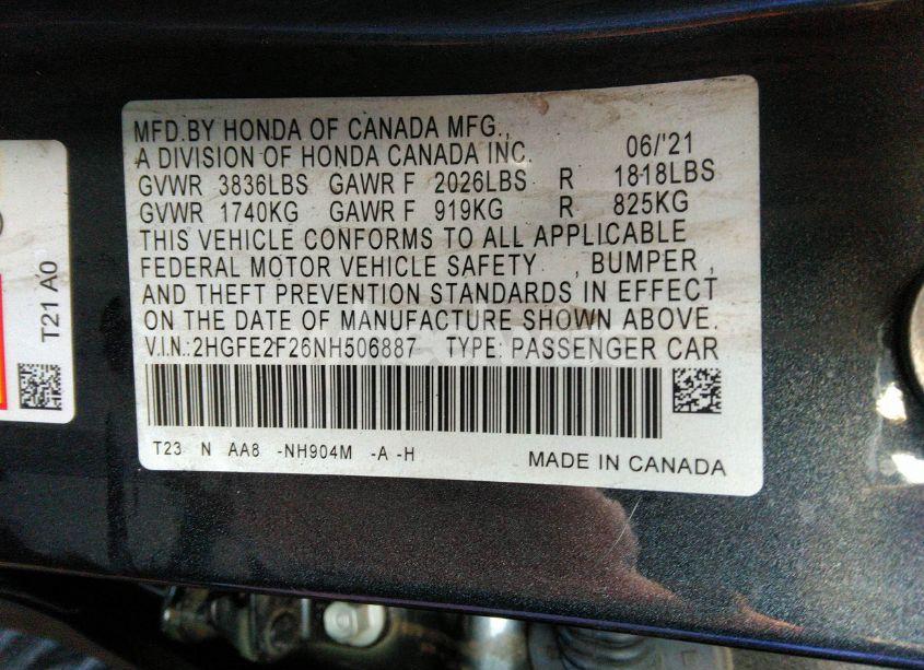 Photo 9 of 2022 Honda Civic LX (VIN 2HGFE2F26NH506887)