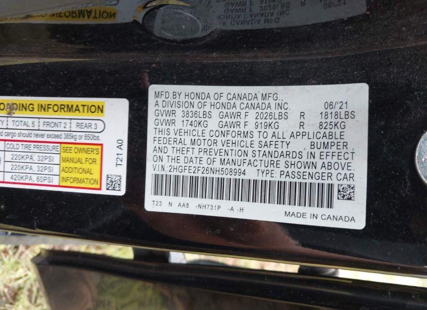 Photo 9 of 2022 Honda Civic LX (VIN 2HGFE2F26NH508994)