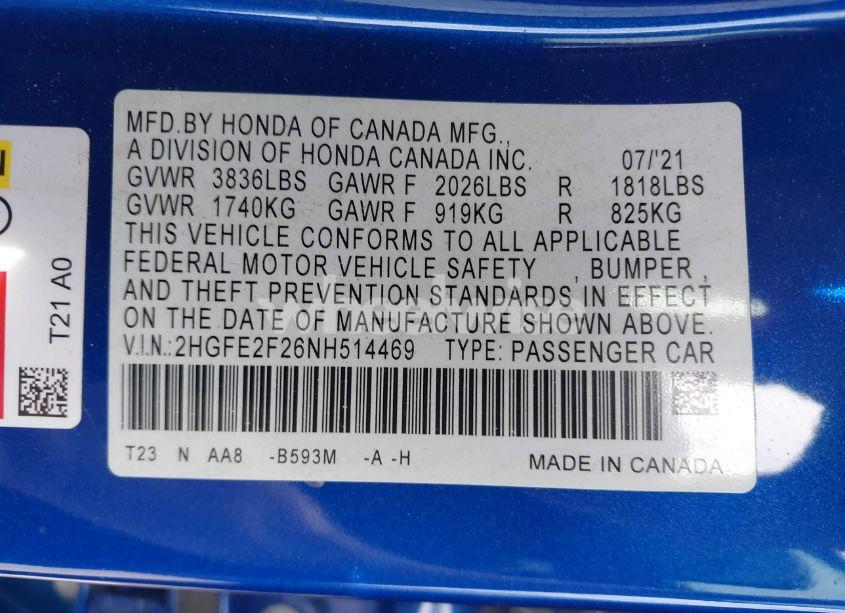 Photo 9 of 2022 Honda Civic LX (VIN 2HGFE2F26NH514469)