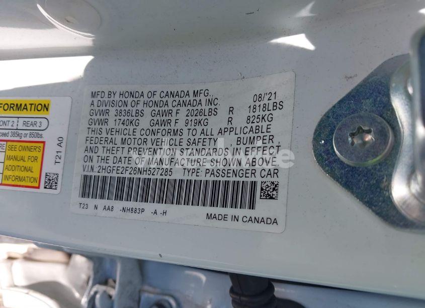 Photo 9 of 2022 Honda Civic LX (VIN 2HGFE2F26NH527285)