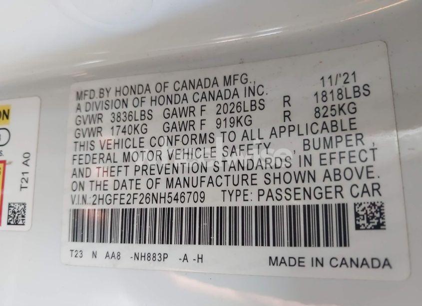 Photo 9 of 2022 Honda Civic LX (VIN 2HGFE2F26NH546709)