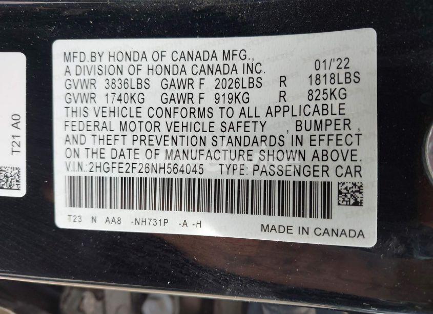 Photo 9 of 2022 Honda Civic LX (VIN 2HGFE2F26NH564045)