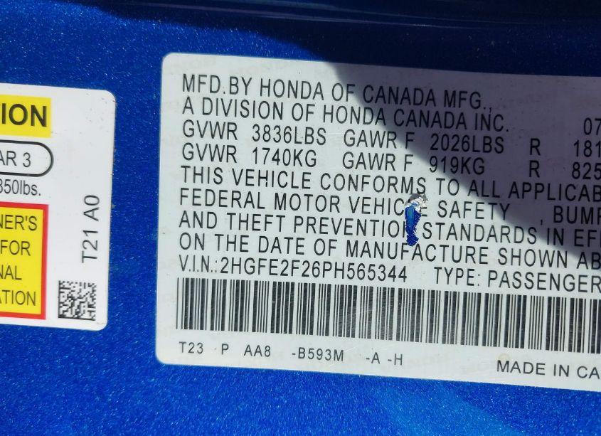 Photo 9 of 2023 Honda Civic LX (VIN 2HGFE2F26PH565344)