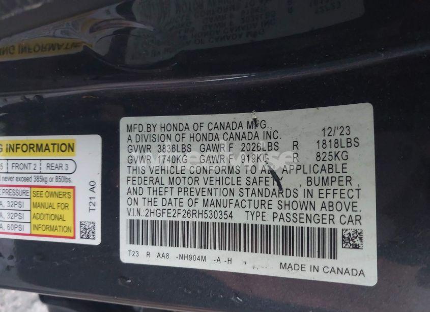 Photo 9 of 2024 Honda Civic LX (VIN 2HGFE2F26RH530354)