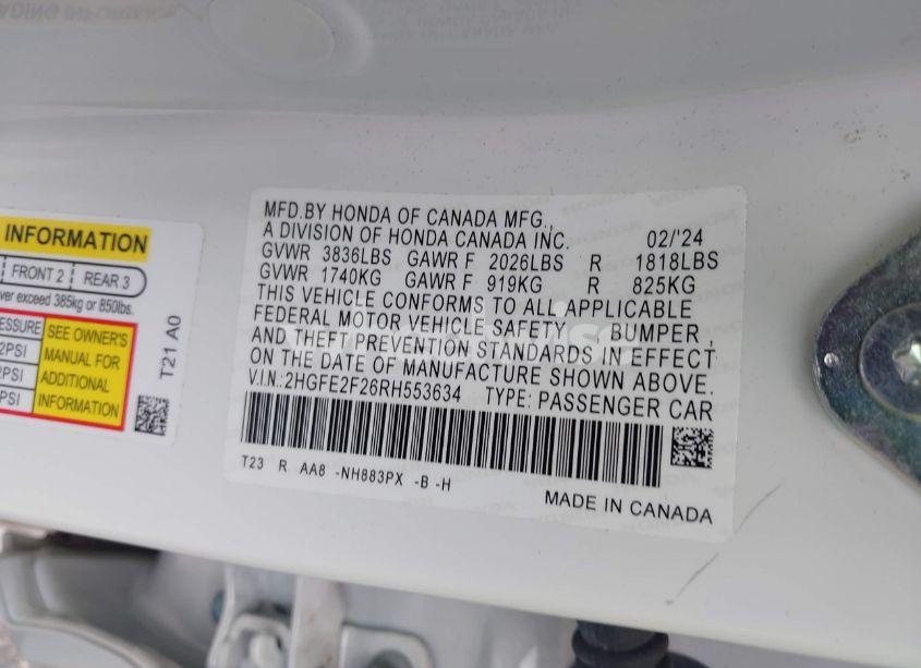 Photo 9 of 2024 Honda Civic LX (VIN 2HGFE2F26RH553634)