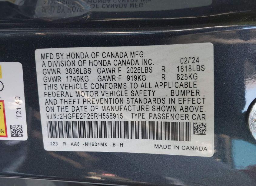 Photo 9 of 2024 Honda Civic LX (VIN 2HGFE2F26RH558915)