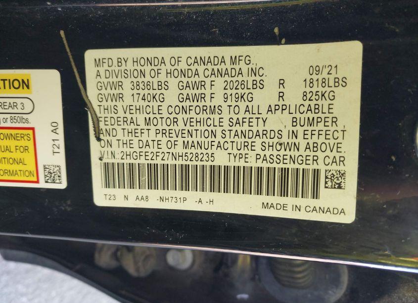 Photo 9 of 2022 Honda Civic LX (VIN 2HGFE2F27NH528235)