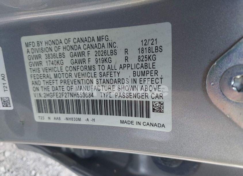 Photo 9 of 2022 Honda Civic LX (VIN 2HGFE2F27NH553684)