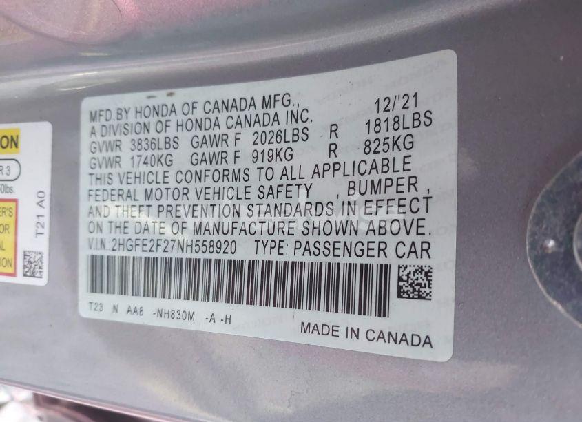 Photo 9 of 2022 Honda Civic LX (VIN 2HGFE2F27NH558920)