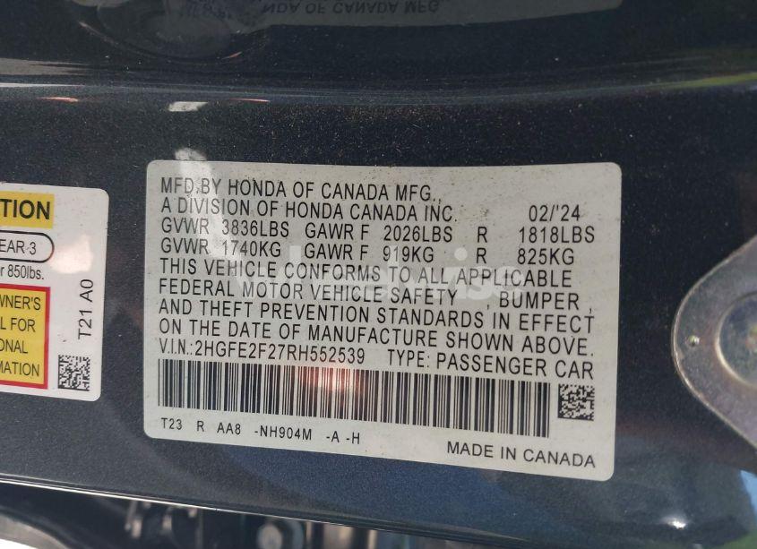 Photo 9 of 2024 Honda Civic LX (VIN 2HGFE2F27RH552539)