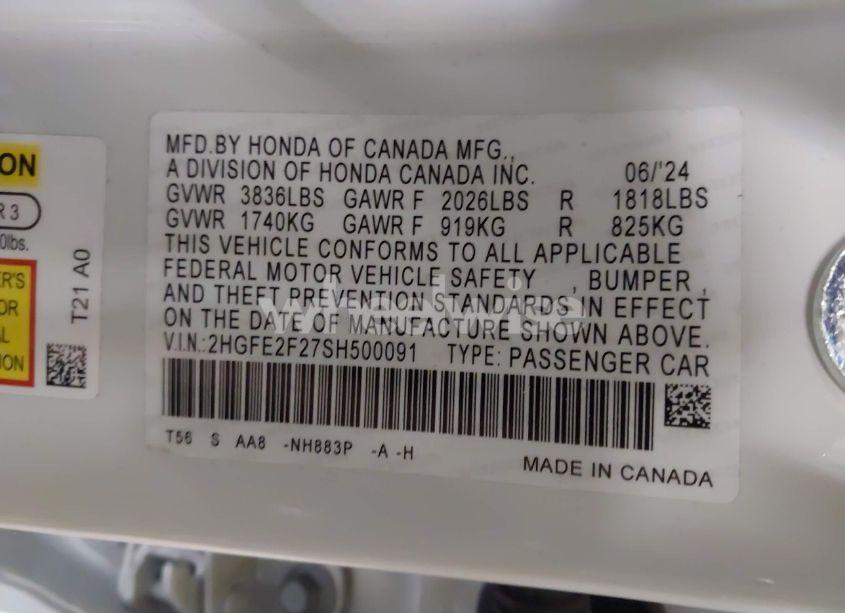 Photo 9 of 2025 Honda Civic LX (VIN 2HGFE2F27SH500091)