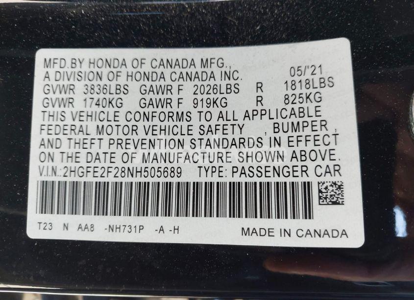 Photo 9 of 2022 Honda Civic LX (VIN 2HGFE2F28NH505689)