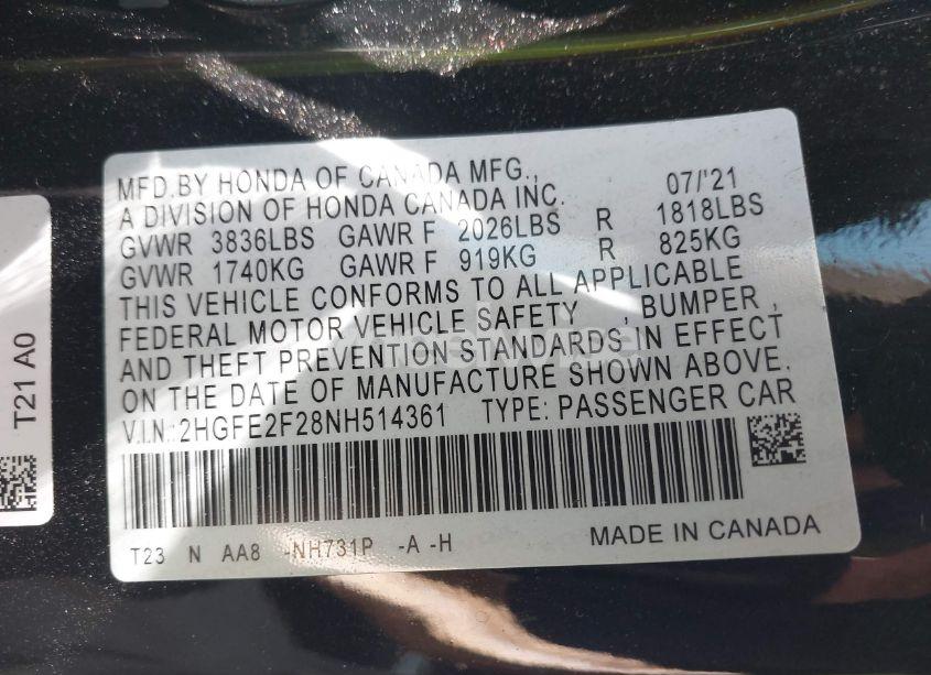 Photo 9 of 2022 Honda Civic LX (VIN 2HGFE2F28NH514361)