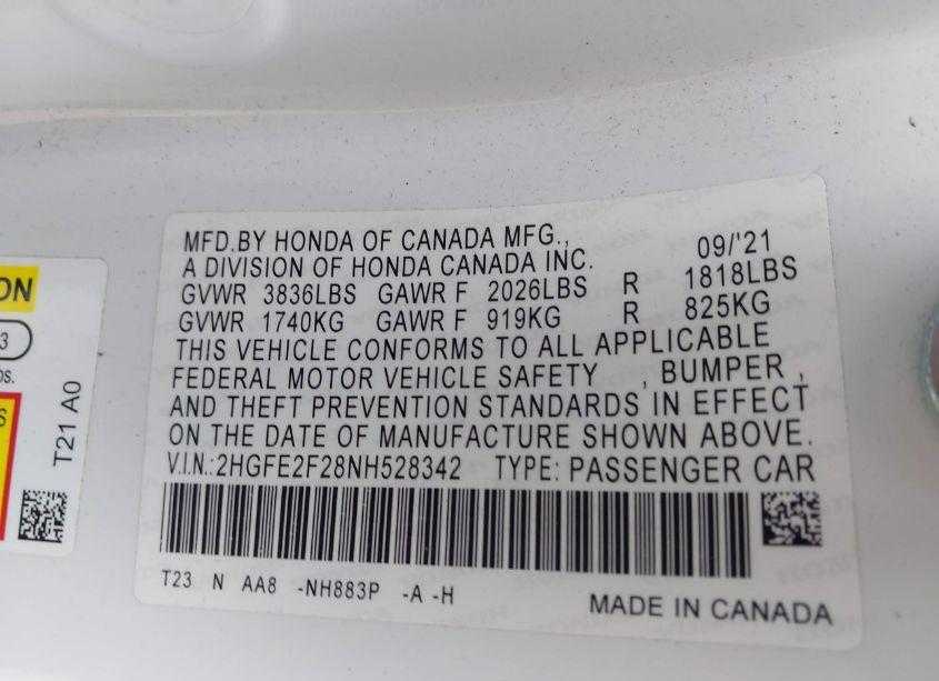 Photo 9 of 2022 Honda Civic LX (VIN 2HGFE2F28NH528342)